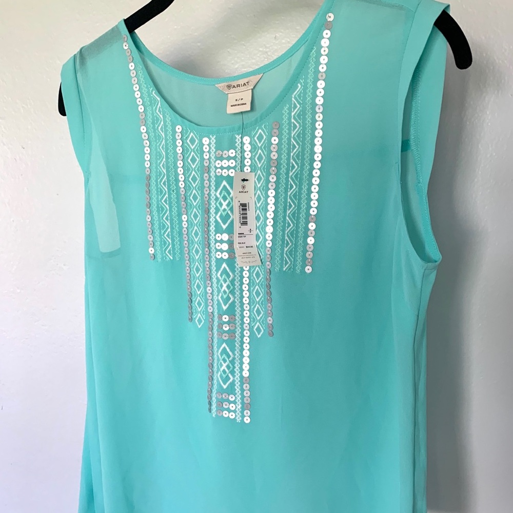 Ariat Turquoise sheer beaded Blouse shell